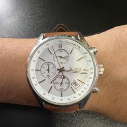 Hugo Boss Brown Leather Watch, White Dial