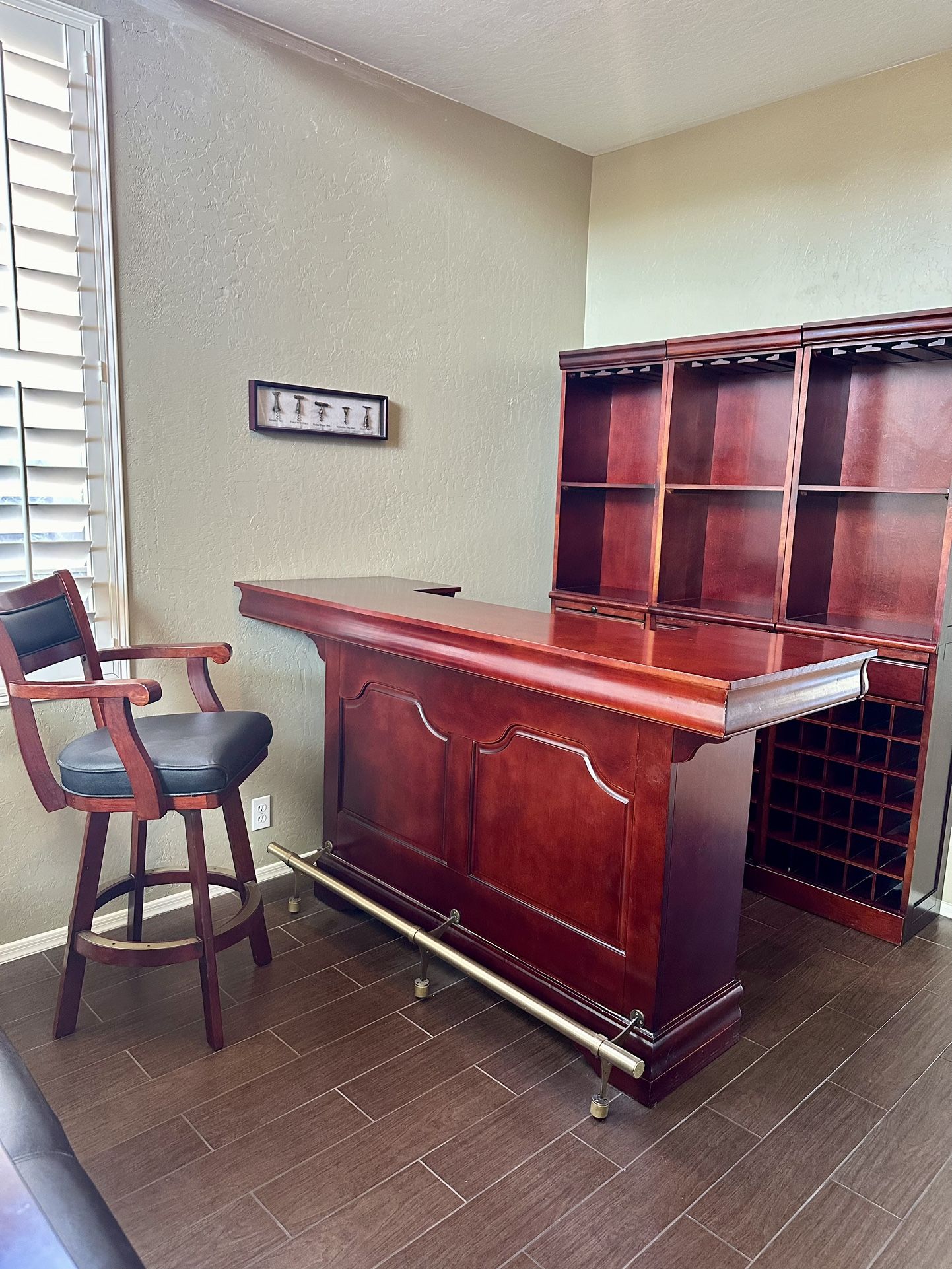 Wooden Bar Unit with Sink, Wine Wall and Bar Stools