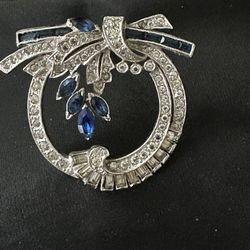 Art Deco Staret Rhodium Plated Floral Spray Sapphire Blue Crystals Rhinestone  Brooch Pin 1930's