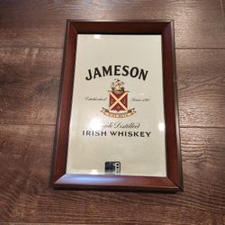 wooden-framed Jameson Irish Whiskey bar mirror, 17.5"×12", good condition 