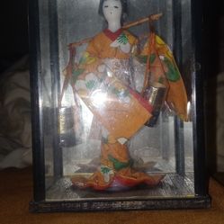 Vintage Japanese Figurine In Small Glass Case