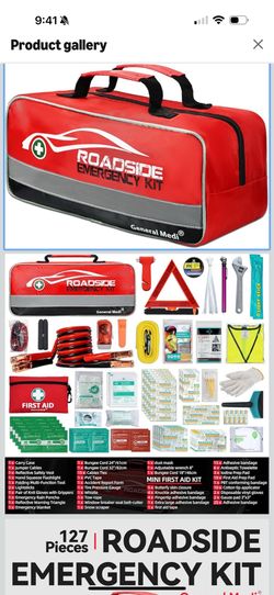 General Medi 127-Pieces Roadside Car Emergency Kit Include Mini First Aid Kit, Jumper Cables,Tow Rope, Bandage, Safety Vest, Emergency Triangle, All i
