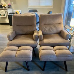 Living Room Furniture Set – Sofa + 2 Reclining Chairs w/ Ottomans