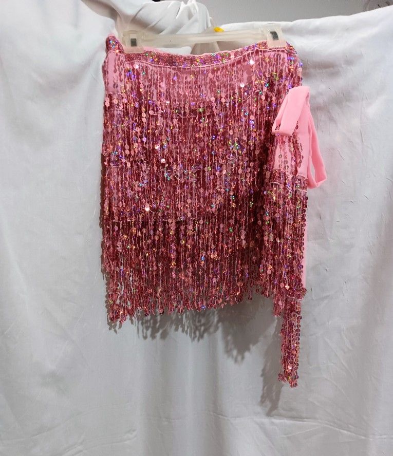 Ladies Halloween Costume Pink Sequin Fringed Mini Skirt