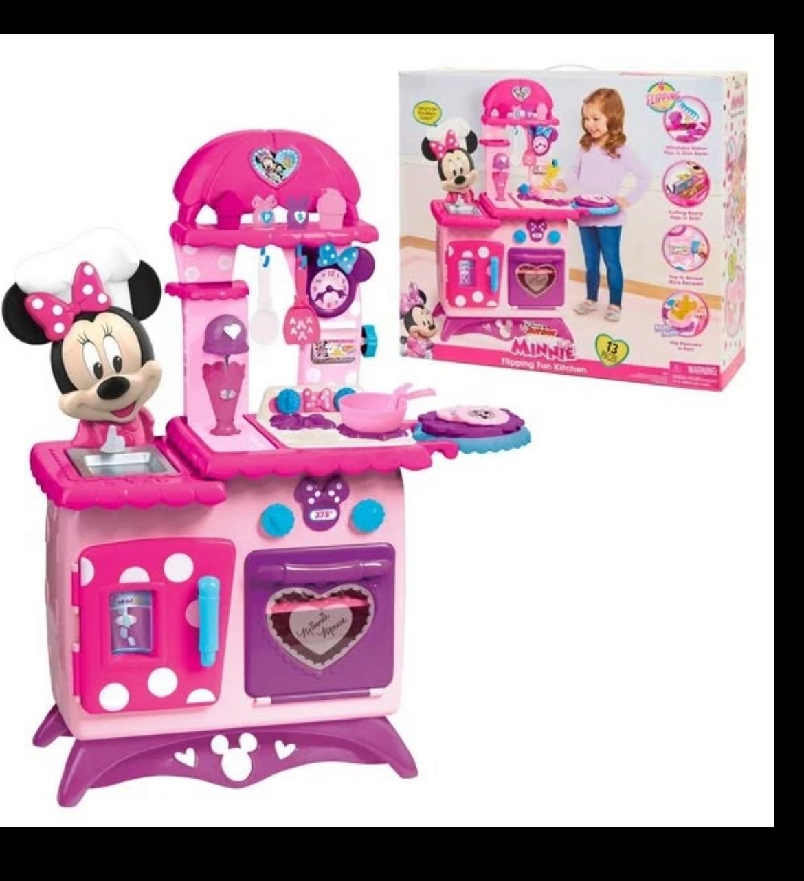 Disney Junior Minnie Mouse Flipping Fun Pretend Play Kitchen Set, Play Food, Realistic Sounds, Disney Junior Minnie Mouse Kitchen Set.