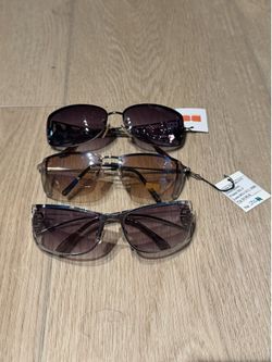 Set Of 3 Y2K Rimless Rectangle Sunglasses - Silver, Black And Brown