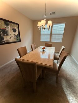 Modern Marble-Top Dining Table with 6 Upholstered Chairs – Moving Sale