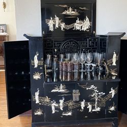 Asian Oriental Black Lacquer Wood Liquor Bar Cabinet 