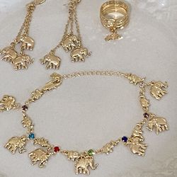 Elephant Jewelry Set Ankle Bracelet , Earrings , 7day Ring 