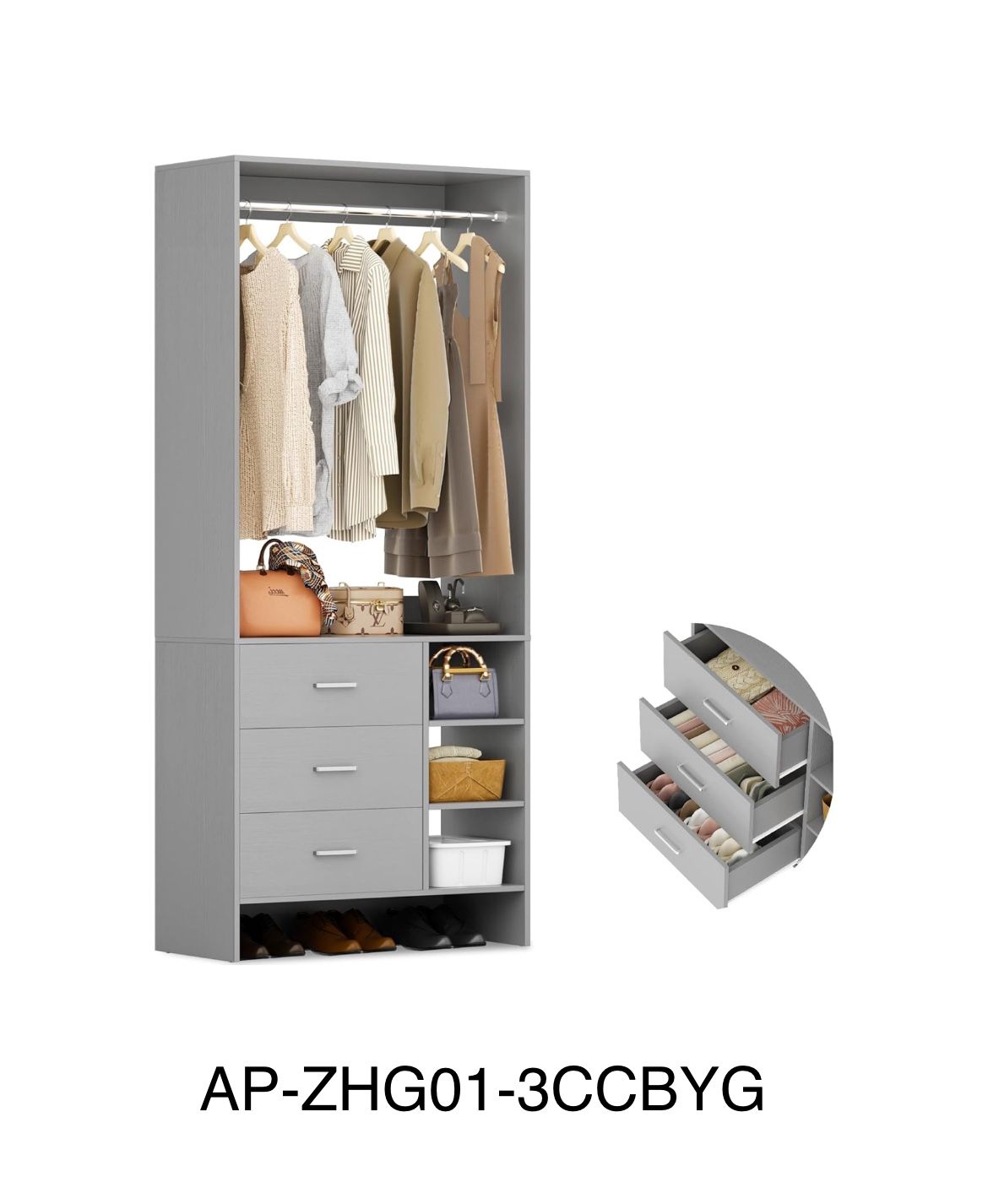 2.5FT Closet System with 3 Drawers, 29.5’’ Closet Organizer, Wood Closet Organizer System, Walk-in Closet or Small Closets Wardrobe, Clothes Rack with