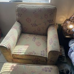 Lovely Brown Floral Reading Chair With Matching Ottoman 