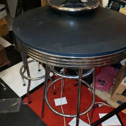 Chrome And Black Table With Stools