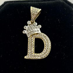 10K Yellow Gold Crown Initial D Pendant CZ Iced Out Letter Charm Stamped AG 10K