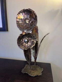 Vintage 1970s Brutalist Metal Flower Sculpture 17" Mid Century Modern Boho