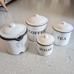 Kitchen Enamelware Canisters Farm House Set of 4 Sugar Tea Coffee Measurements Cup