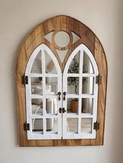 NEW 20 in. W x 30 in. Classic Arched Wood Framed Window Pane Wall Mirror
