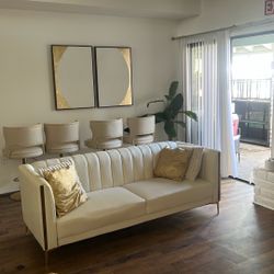 2 Leather Off White And Gold Sofas 