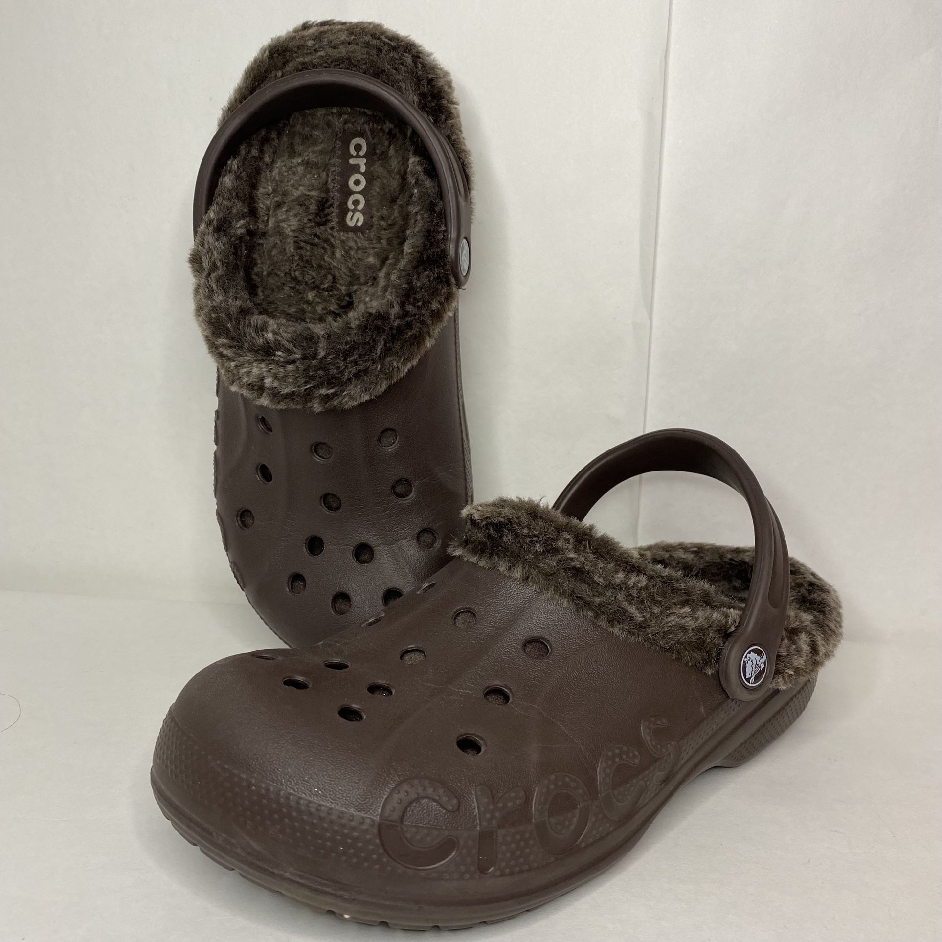 Crocs Faux Fur Slip On W Strap Comf Clog Shoes Men Size 7 /Women’s Size 9 Brown
