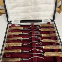 Vintage Lewis Rose & Co Sheffield England Stag Horn Handles - 6 Forks & 6 Knives