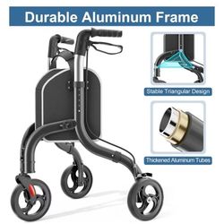 Walkers for Seniors, Foldable Wheeled Rollator with Cane Hold and Cup Hold, Lightweight Three Wheel Rolling Walker Height Adjustable for Seniors