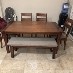 Dining table, chairs and bench