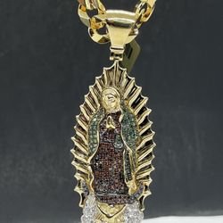 14k solid Cubana Chain And Virgen maria de Guadalupe with .90 ct  Diamond , Necklance pendant gold