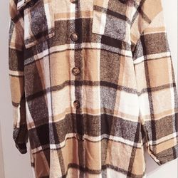 Women Large Brown Plaid Mini dress Buttom Up-long Sleeve