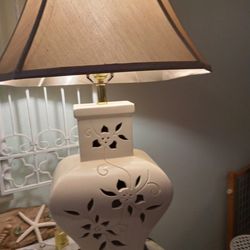 Beautiful Cream Color Ceramic Lamp With Carving Design. With Tan Shade Great Condition Asking. 15  Obo