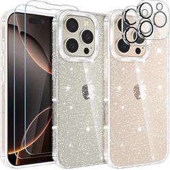 Clear Glitter Case for iPhone 16 Pro Max, with Screen Protector[2 Pack] + Camera Lens Protector[2 Pack], Cute Bling Sparkle Women Girls Phone Case Sof