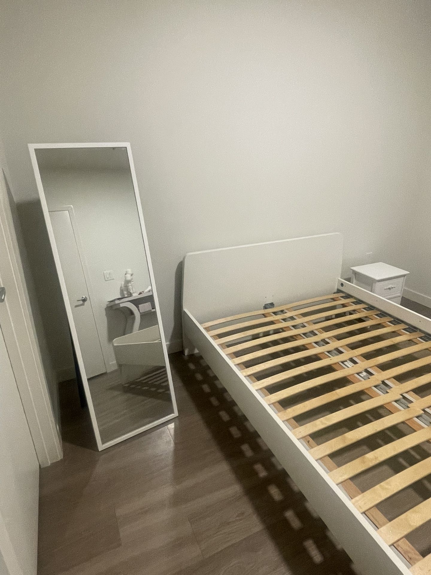 Bed Frame With Mattress, A Night Stand And A Full Length Standing Mirror