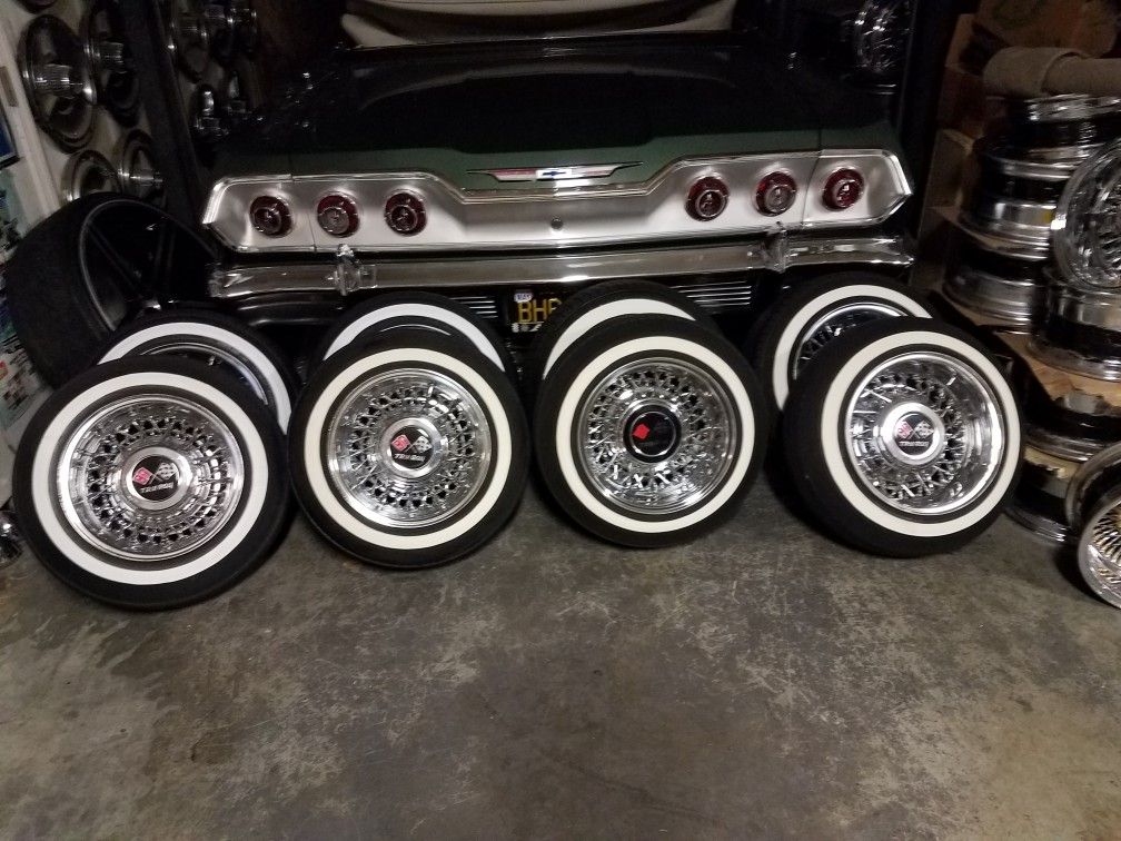 14x7 McLean 52 spoke wire rims lowrider 520 whitewall tires 5 lug Chevy
