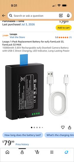 1-Pack Replacement Battery for eufy FamiLock S3, FamiLock S3 MAX