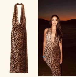 animal print tulle halter dress Lace & Beads Daphne tulle halter neck corset maxi dress in leopard print