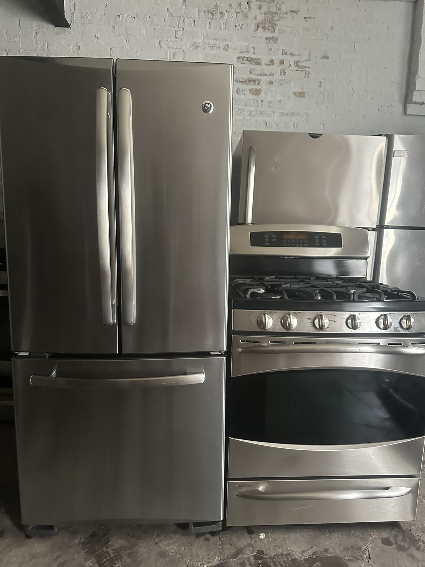 GE french door refrigerator &. GE double oven gas range set stainless steel 
