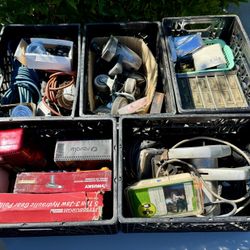5 Totes / Bins Full Of Miscellaneous Items - Tools Wheels Knobs Power Cord Lighting Jaw Puller