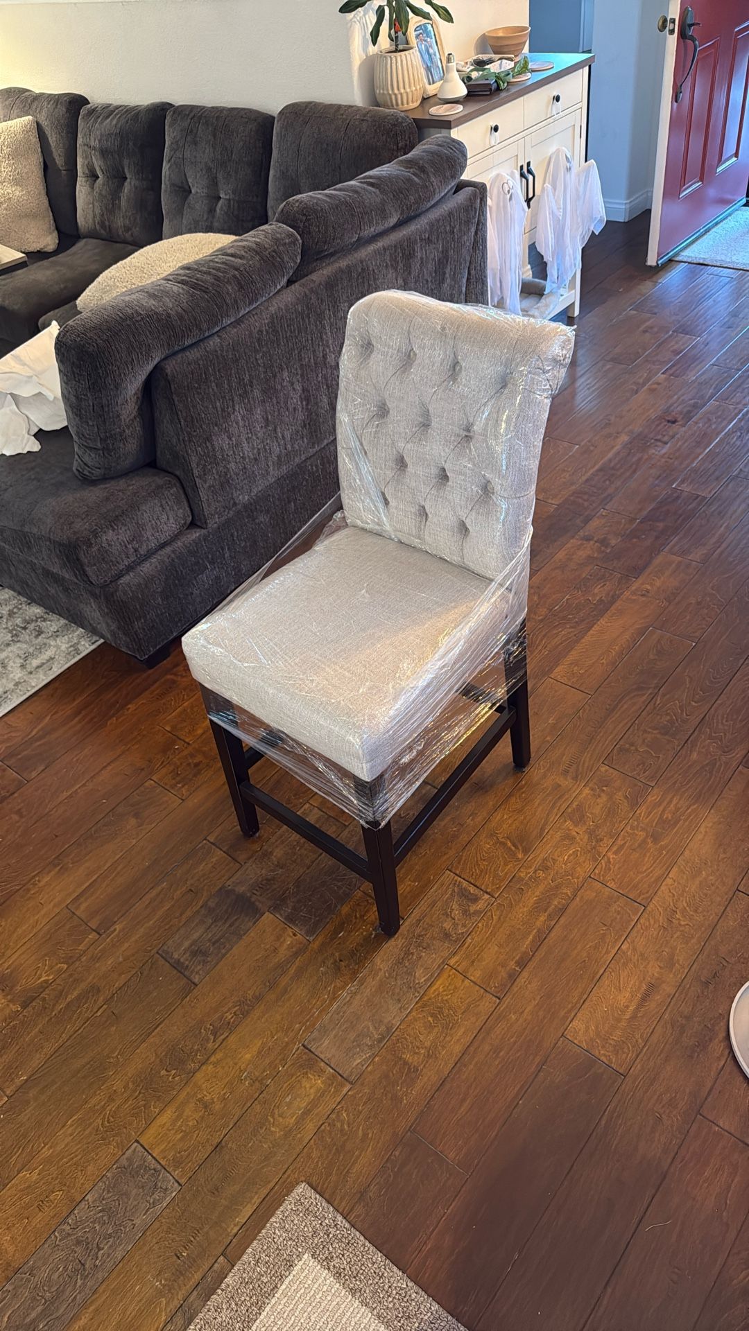Set of 3 Upholstered Counter-Height Chairs – 3ft Tall, Tufted Backs, Like New