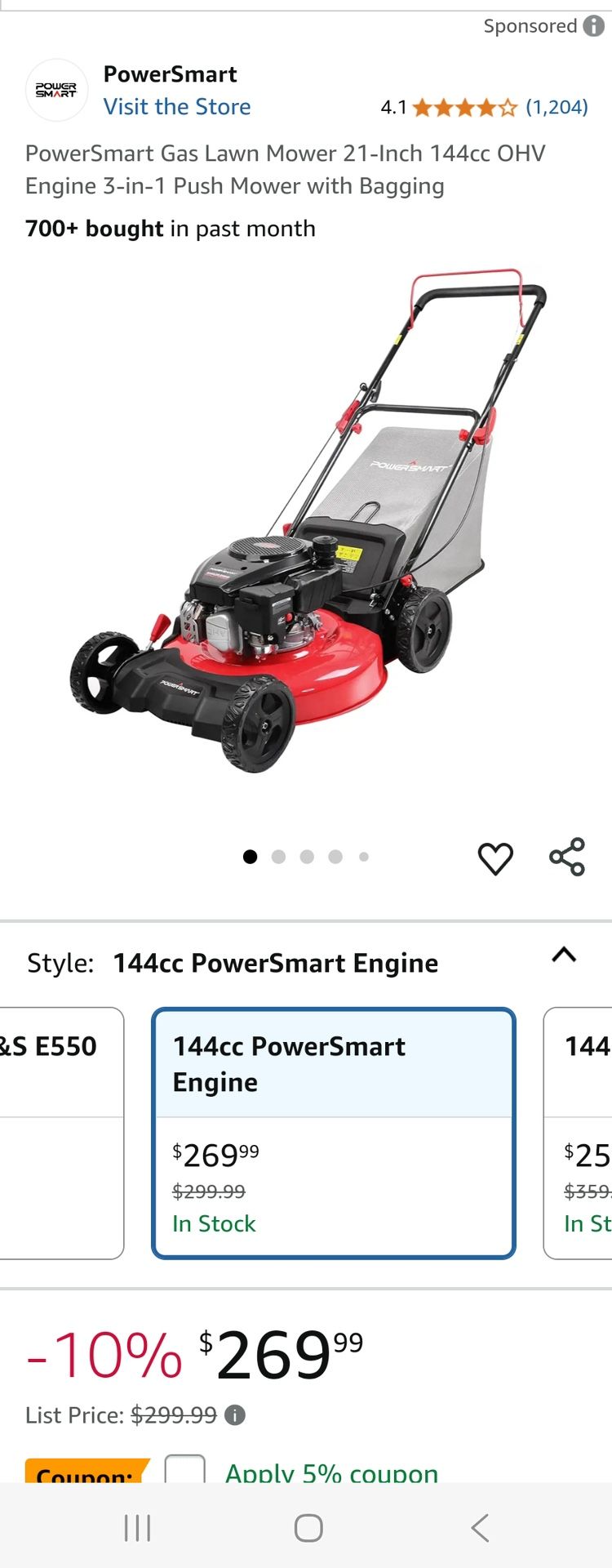 PowerSmart Gas Lawn Mower 21-Inch 144cc OHV Engine 3-in-1 Push Mower with Bagging