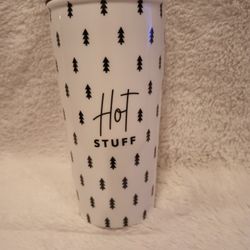 White Ceramic  "Hot STUFF" Travel Mug 