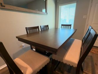 Dark Oak 6-Piece Counter Height Dining Set with Upholstered Chairs & Bench
