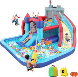 Inflatable Water Slide Park, 10-in-1 Bounce House Waterslide Combo Backyard Waterpark with Double Slides, Water Sprayer, Splash Pool, Climbing Wall fo