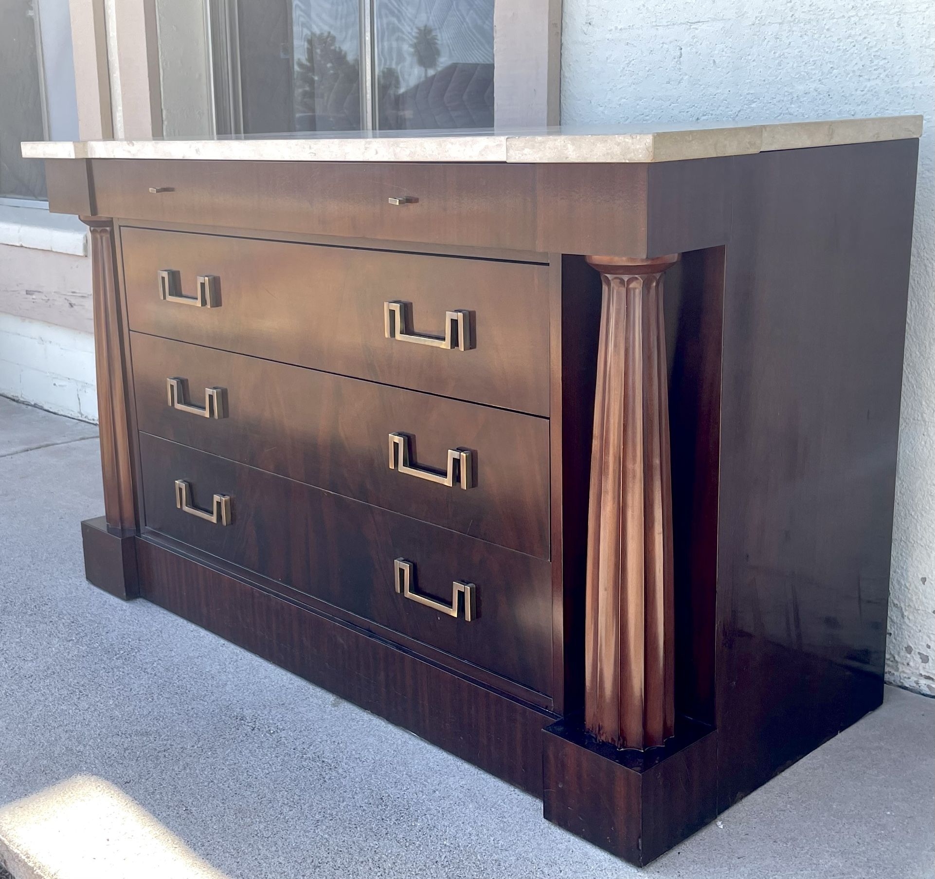 Gorgeous Large Thomas Pheasant for Baker 4 Drawer Ebonized Wood Temple Chest of Drawers