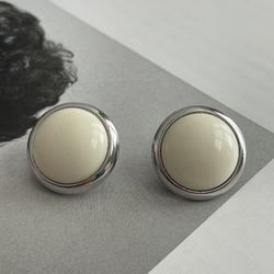 Vintage Monet Sliver Clip On Round White Enamel Costume Jewelry Earrings