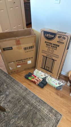 Cat tree, gate bowls and accessories.