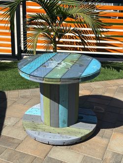 Painted Wood Spool Table with Glass Top