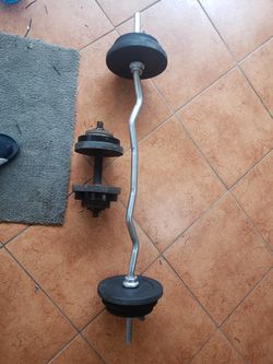 1 curl bar with75lbs weights and 1 dumbell 50lbs weights