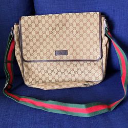 Authentic Gucci flap messenger bag shoulder bag laptop bag brown canvas - good condition