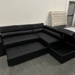 New! Contemporary Black Sectional, Black Faux Leather Sofa, L-Shaped Sofa With Pull-out Bed, Sofabed, Sectional Sofa Bed, Black Couch, Leatherette Sof