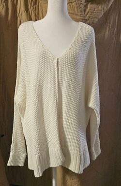 Lucky Brand XL Ivory Oversized V Neck Sweater Cotton Blend Slouchy Knit Pullover