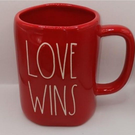 Rae Dunn Artisan Collection by Magenta "Love Wins" Mug, red with white letters