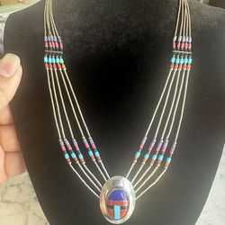 Vintage 925 Sterling Silver, Native Am. Liquid Silver Natural Gemstones Beaded Necklace, 5 Strands , Marked Sterling , Hook Closure, 20in.